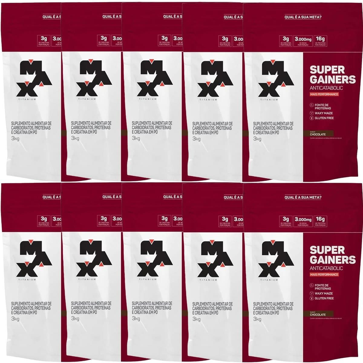 Kit 10X Super Gainers Anticatabolic  - 3.000g Chocolate - Max Titanium