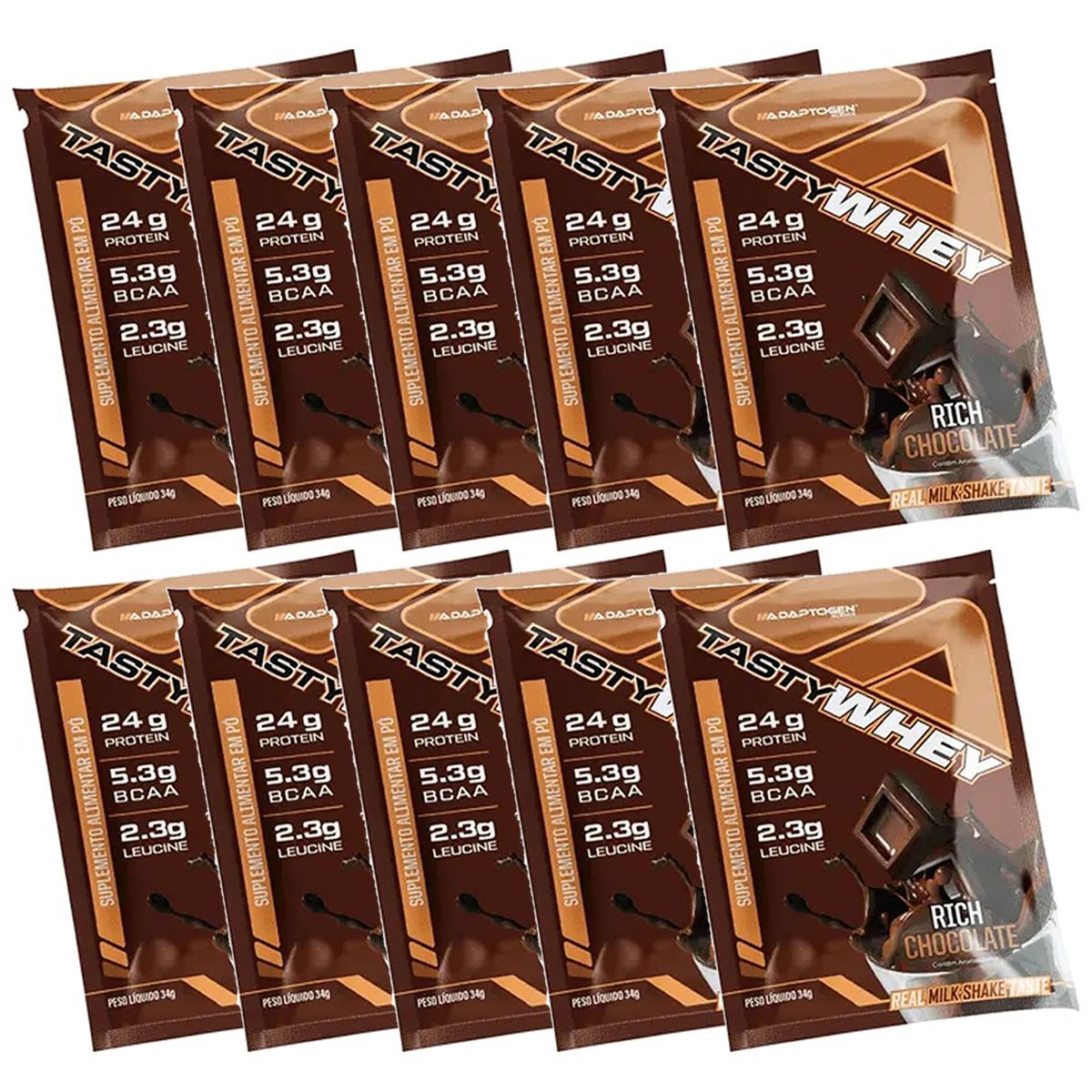 Kit 10X Tasty Whey 3W - 1 Sach� 34g Rich Chocolate - Adaptogen