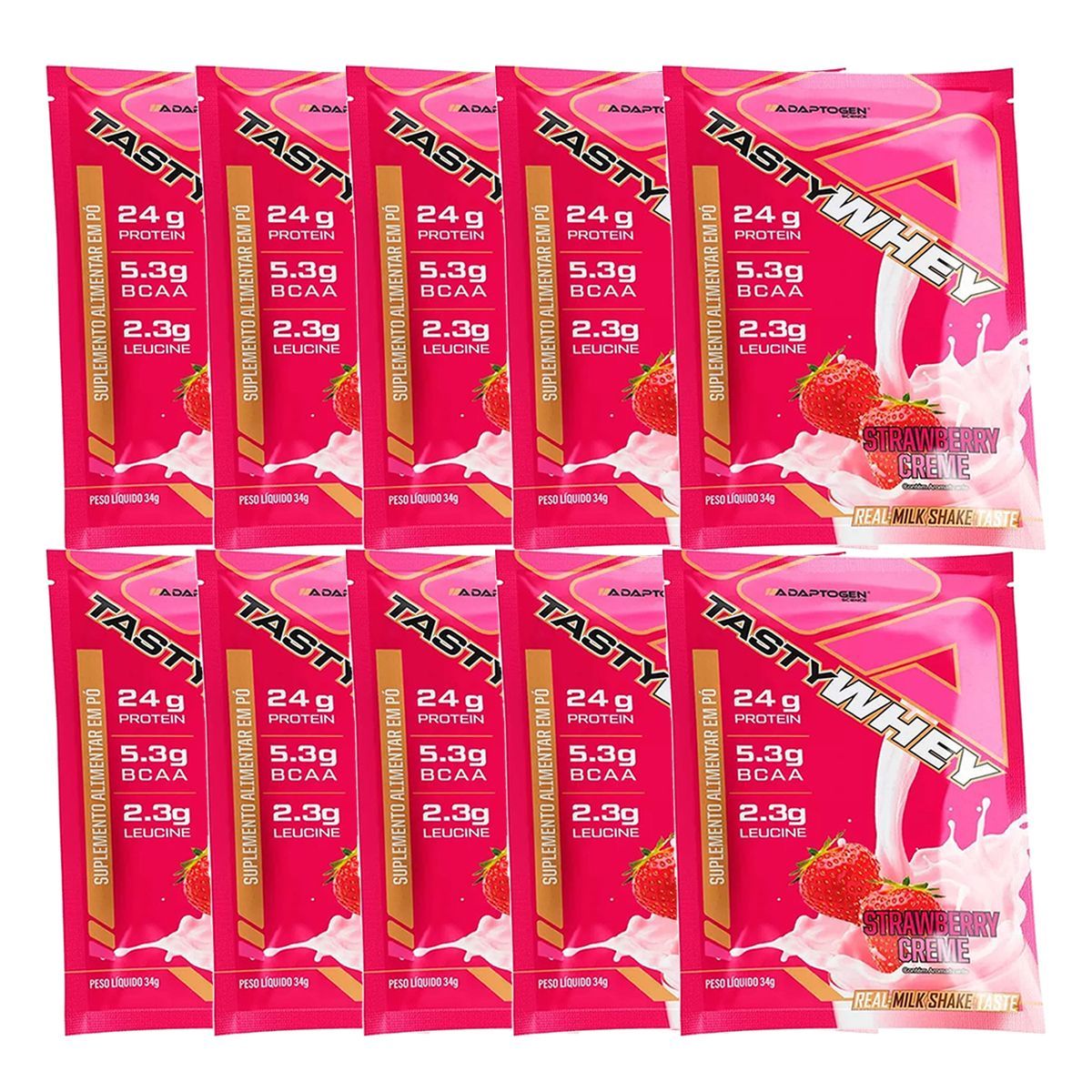 Kit 10X Tasty Whey 3W - 1 Sach� 34g Strawberry Creme - Adaptogen