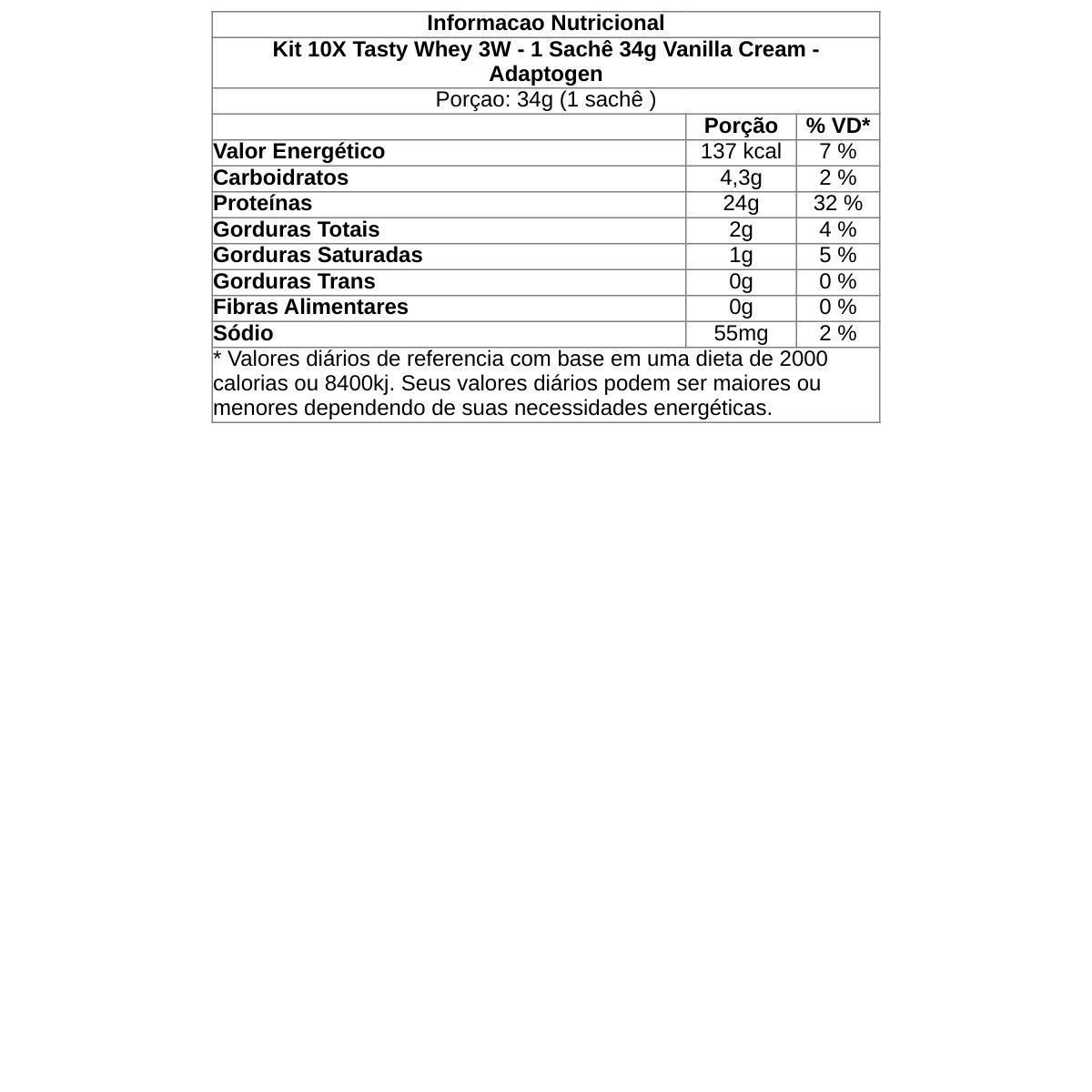 Kit 10X Tasty Whey 3W - 1 Sach� 34g Vanilla Cream - Adaptogen
