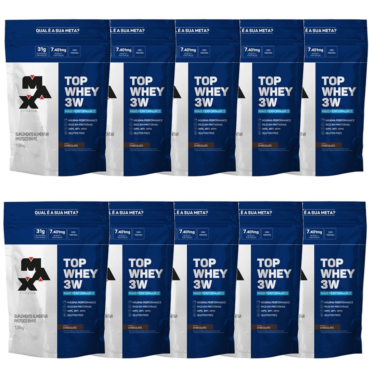 Kit 10X Top Whey 3W - 1800g Refil Chocolate - Max Titanium