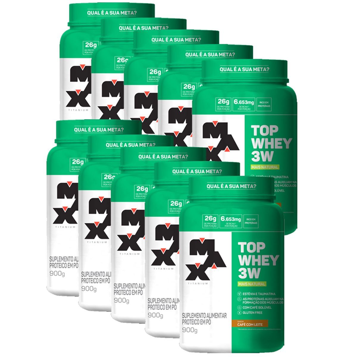 Kit 10X Top Whey 3W - 900g Caf� com Leite - Max Titanium