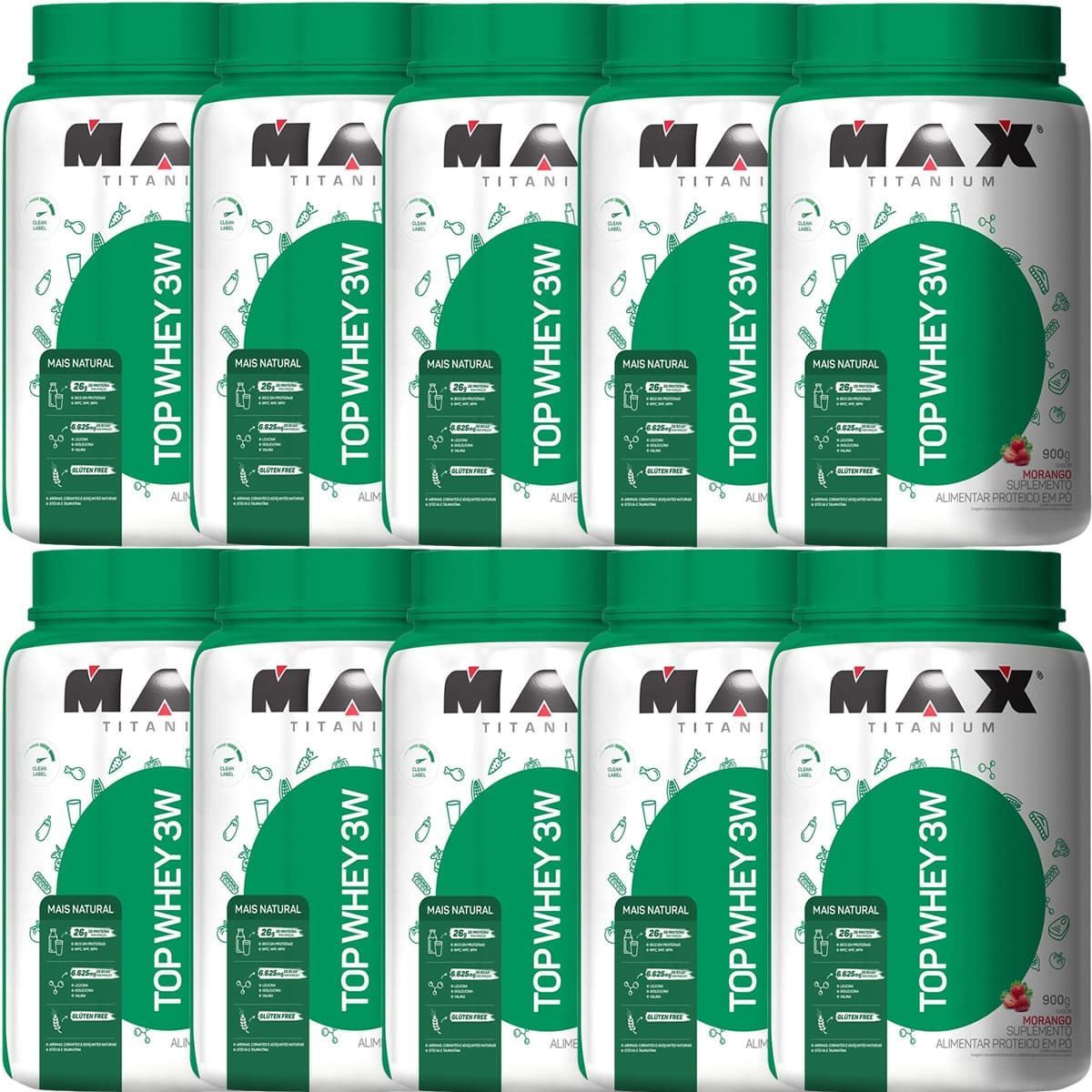 Kit 10X Top Whey 3W Mais Natural - 900g Morango - Max Titanium
