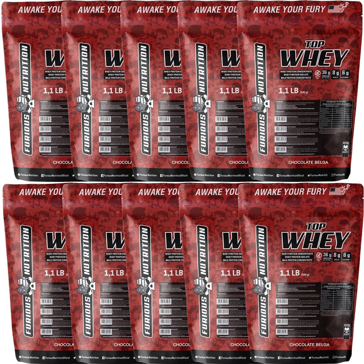 Kit 10X Top Whey - 500g Refil Chocolate Belga - Furious Nutrition