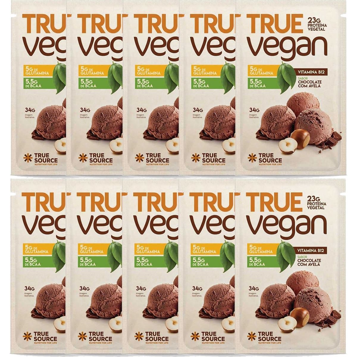 Kit 10X True Vegan Prote�na Vegetal - 1 Sach� 34g Chocolate com Avel� - True Source