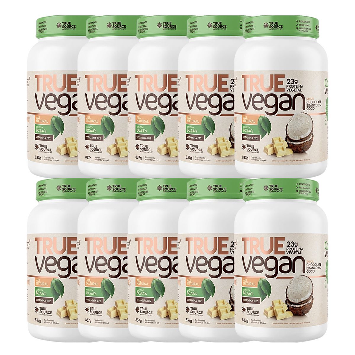 Kit 10X True Vegan Prote�na Vegetal - 837g Chocolate Branco Com Coco - True Source
