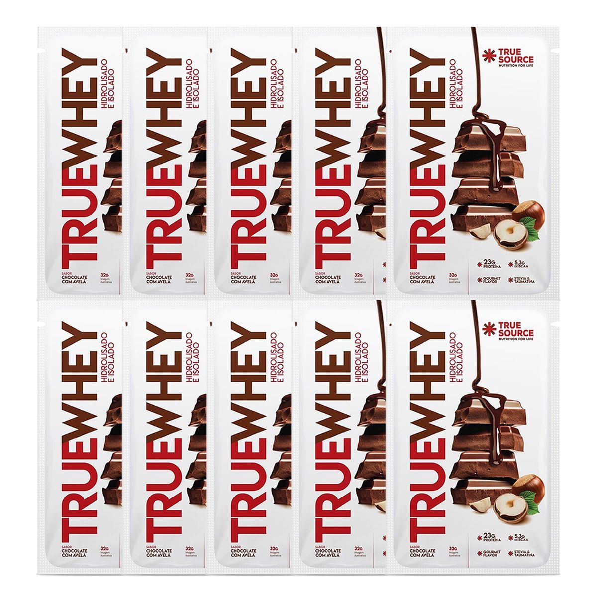 Kit 10X True Whey Hidrolisado e Isolado - 1 Sach�  32g Chocolate com Avel� - True Source