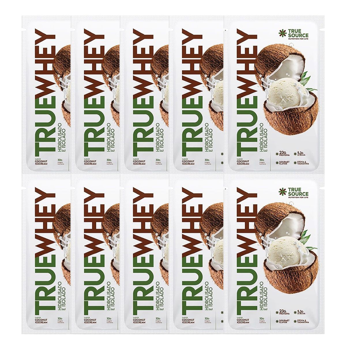 Kit 10X True Whey Hidrolisado e Isolado - 1 Sach� 32g Coconut Ice Cream - True Source