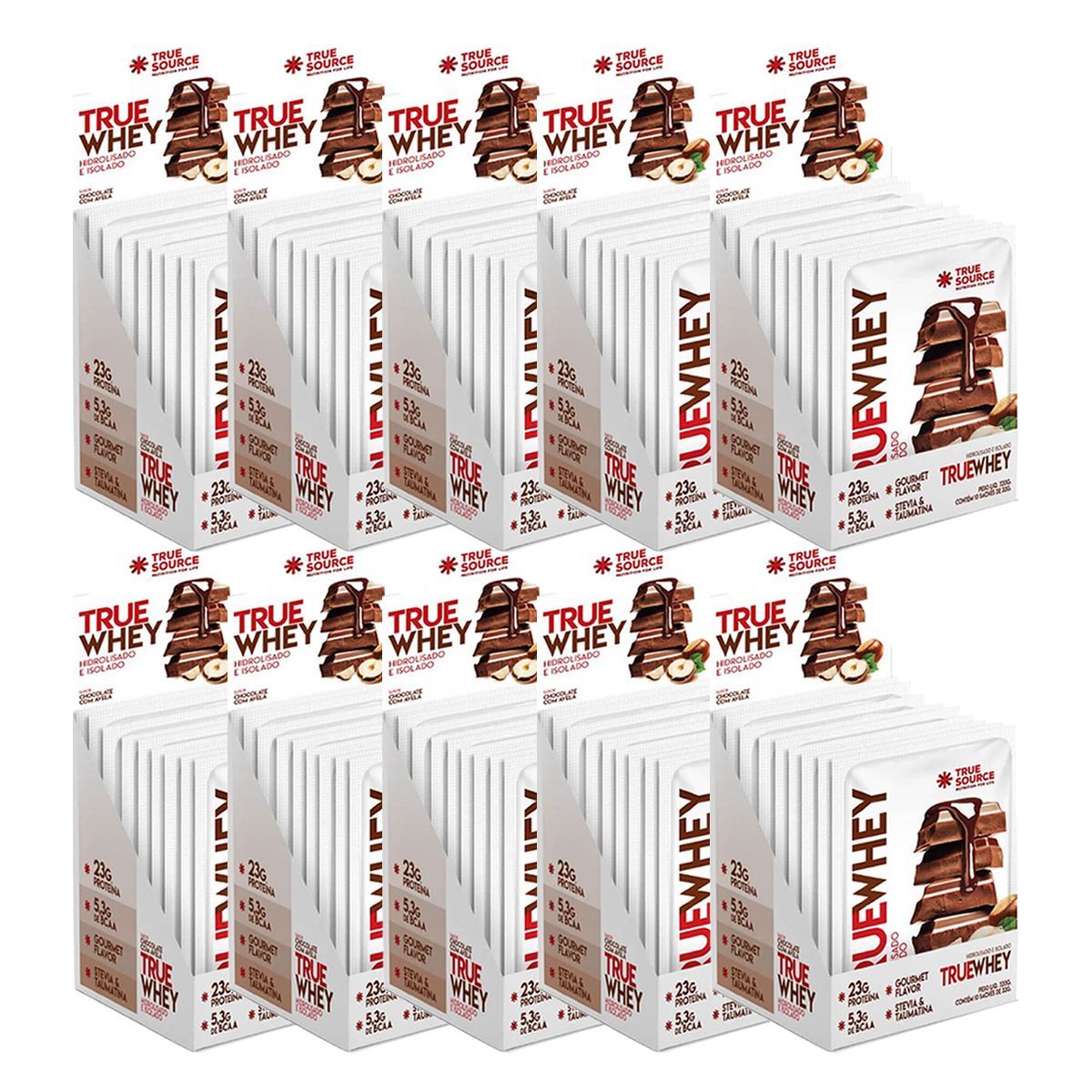 Kit 10X True Whey Hidrolisado e Isolado - 10 Sach�s de 32g Chocolate com Avel� - True Source