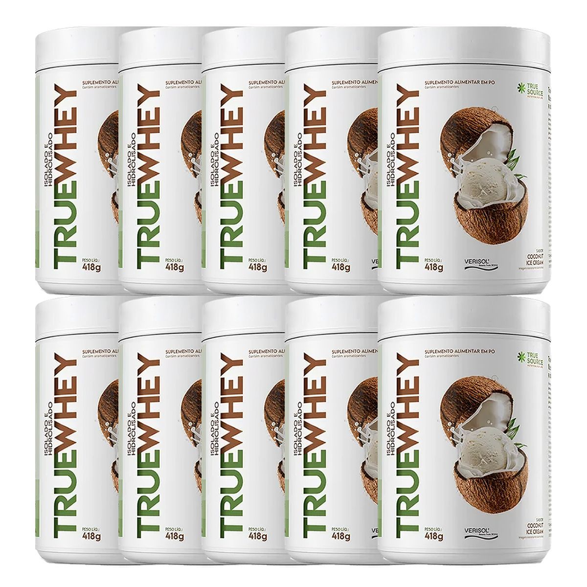 Kit 10X True Whey Protein Hidrolisado e Isolado - 418g Coconut Ice Cream - True Source