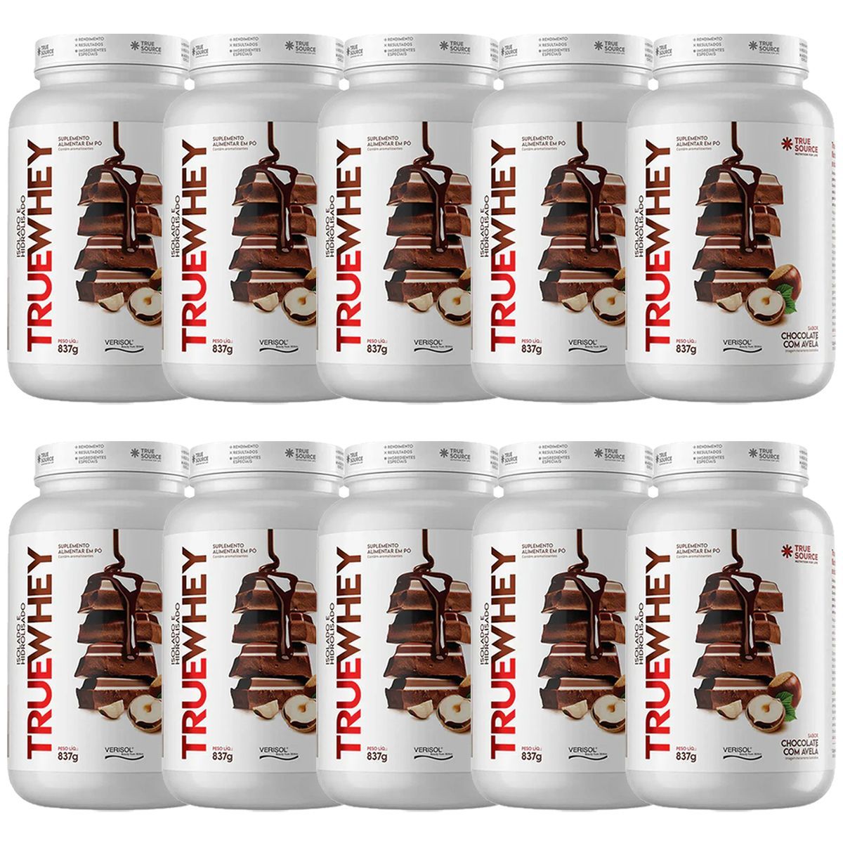 Kit 10X True Whey Protein Hidrolisado e Isolado - 837g Chocolate Com Avel� - True Source
