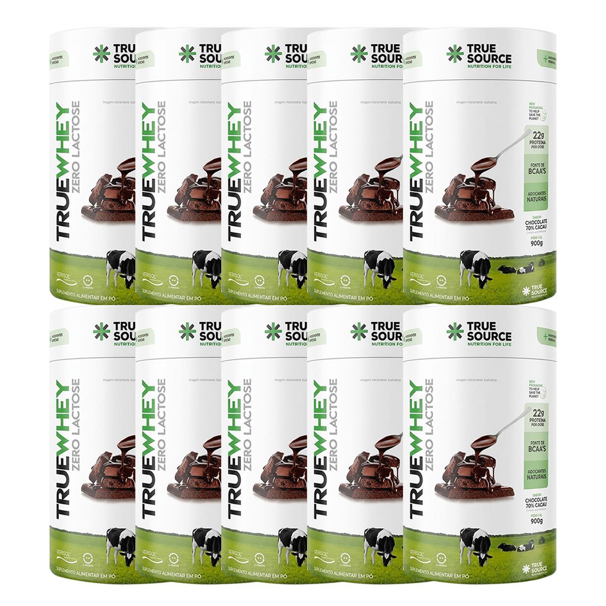 Kit 10X True Whey Zero Lactose - 900g Chocolate 70% Cacau - True Source