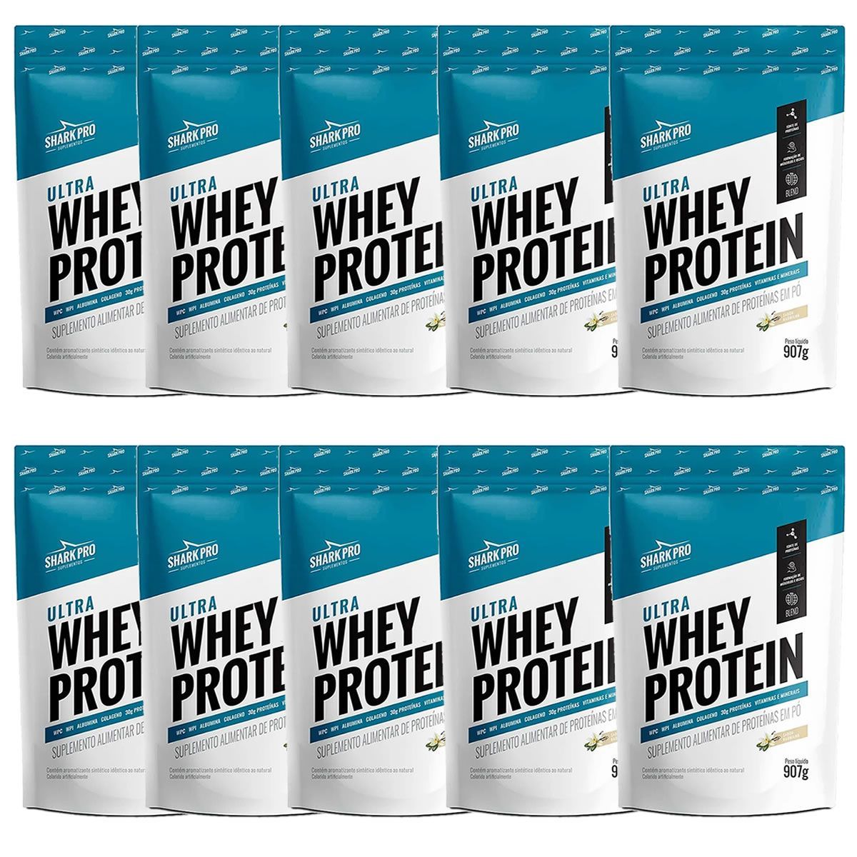 Kit 10X Ultra Whey Protein - 907g Refil Baunilha - Shark Pro
