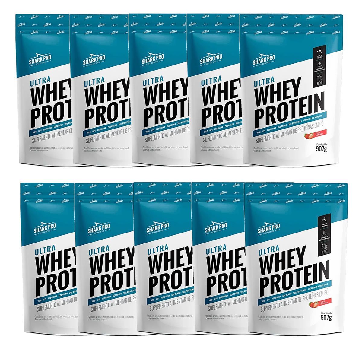 Kit 10X Ultra Whey Protein - 907g Refil Morango - Shark Pro