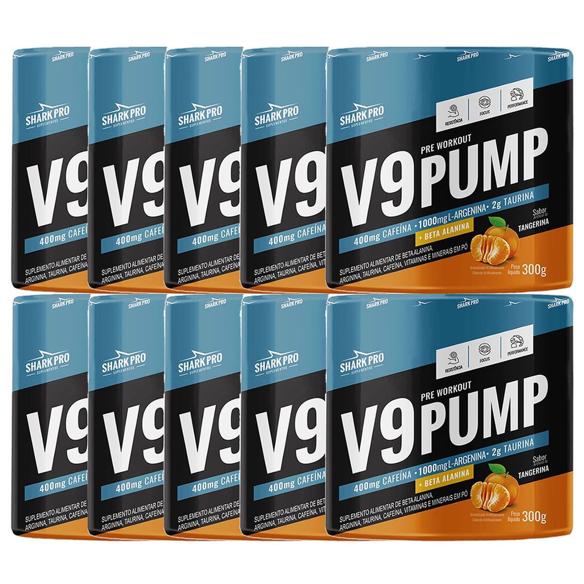 Kit 10X V9-Pump Pre Workout - 300g Tangerina - Shark Pro