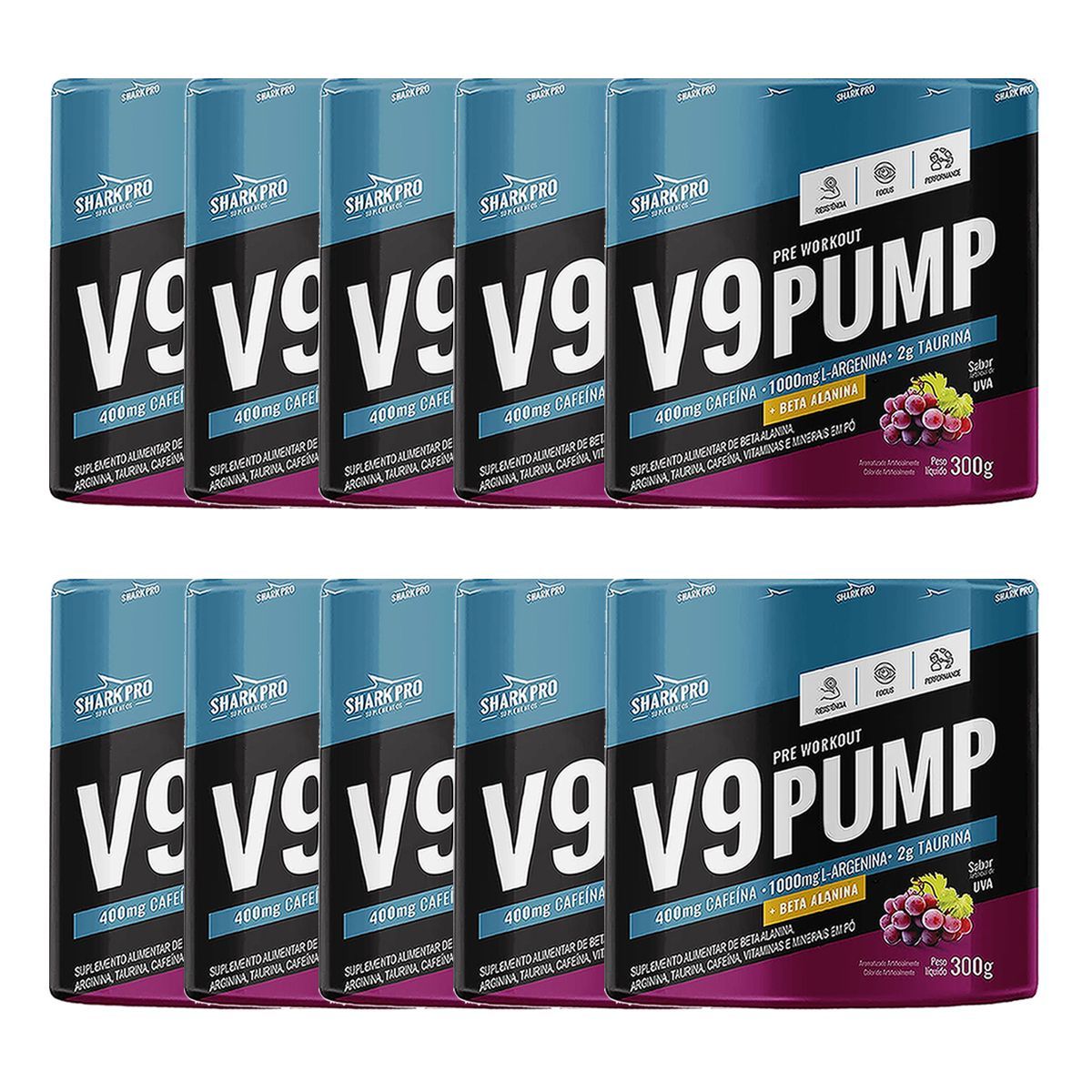 Kit 10X V9-Pump Pre Workout - 300g Uva - Shark Pro