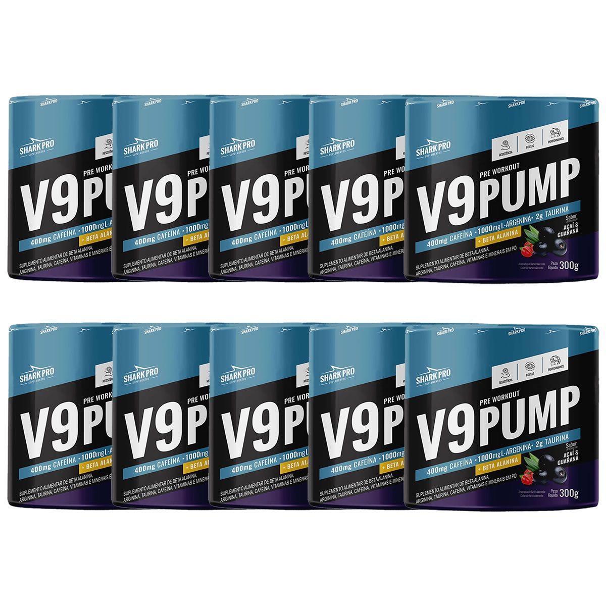 Kit 10X V9-Pump Pre Workout + L-Arginina - 300g A�a� & Guaran� - Shark Pro