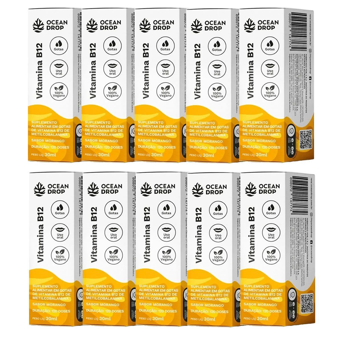Kit 10X Vitamina B12 - 30ml Morango - Ocean Drop
