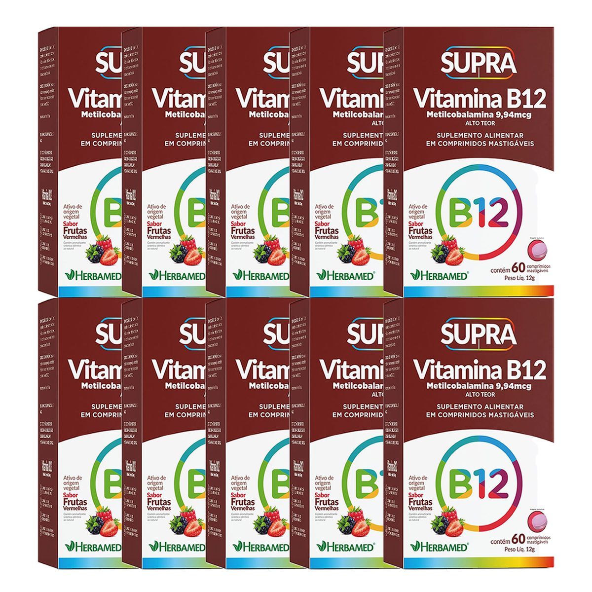 Kit 10X Vitamina B12 Metilcobalamina - 60 Comprimidos Frutas Vermelhas - Herbamed