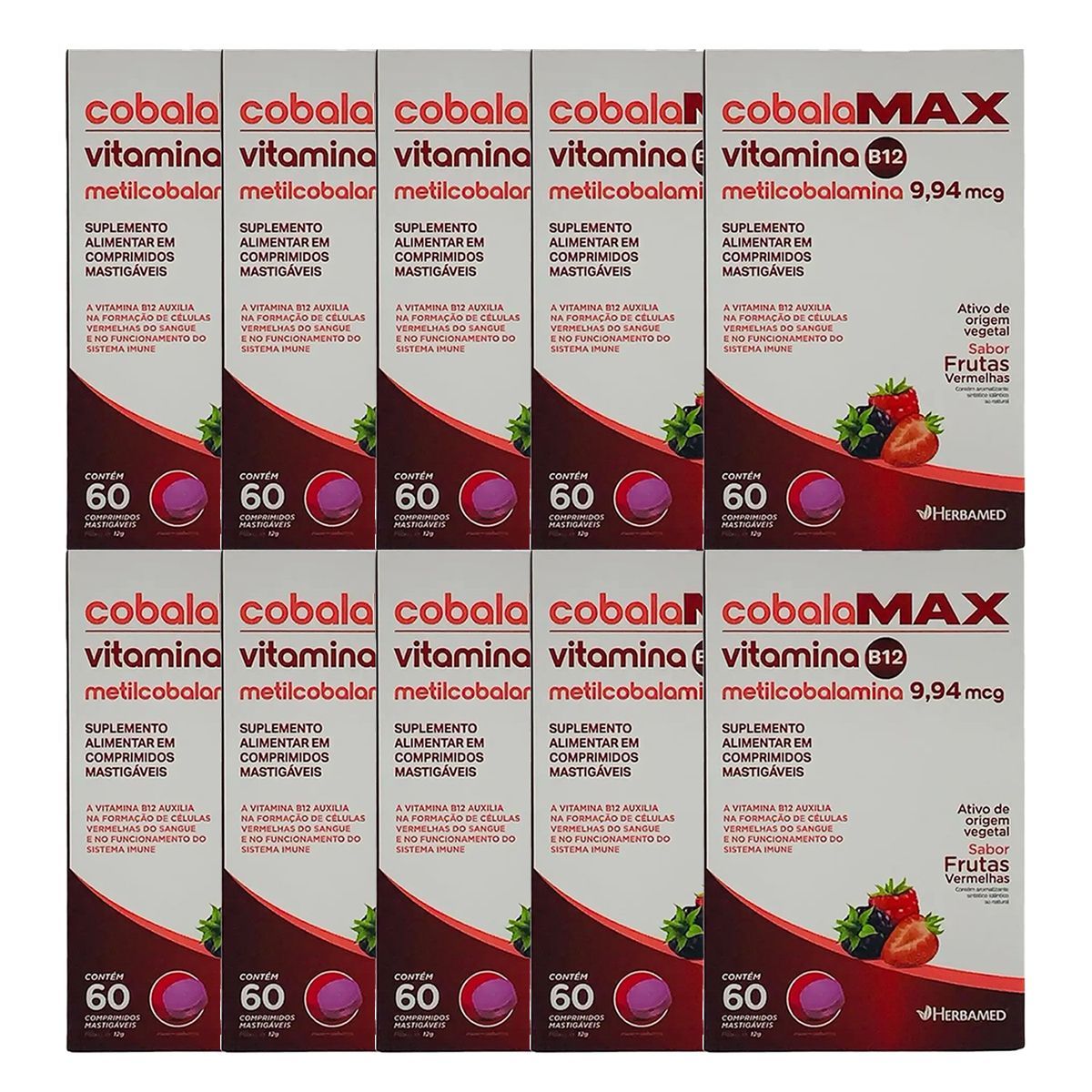 Kit 10X Vitamina B12 Metilcobalamina - 60 Comprimidos Frutas Vermelhas - Herbamed