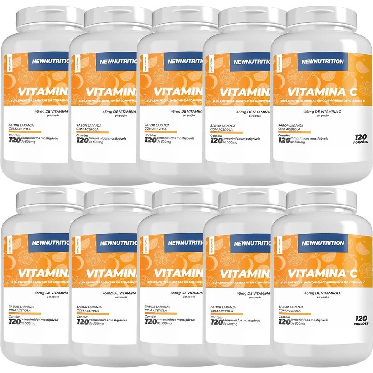 Kit 10X Vitamina C 45mg  - 120 Comprimidos Mastig�veis Laranja com Acerola - NewNutrition