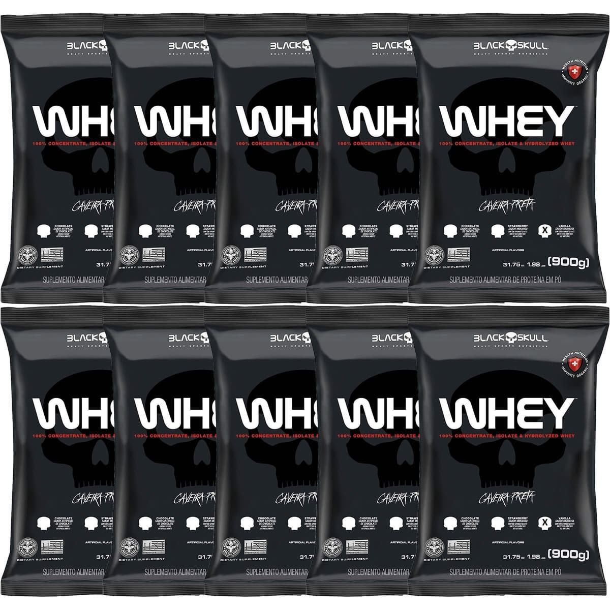Kit 10X Whey 100% Concentrate - 900g Refil Baunilha  - Black Skull
