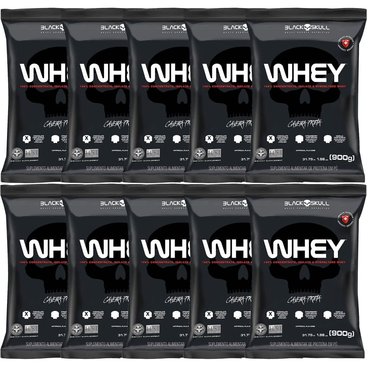 Kit 10X Whey 100% Concentrate - 900g Refil Chocolate - Black Skull