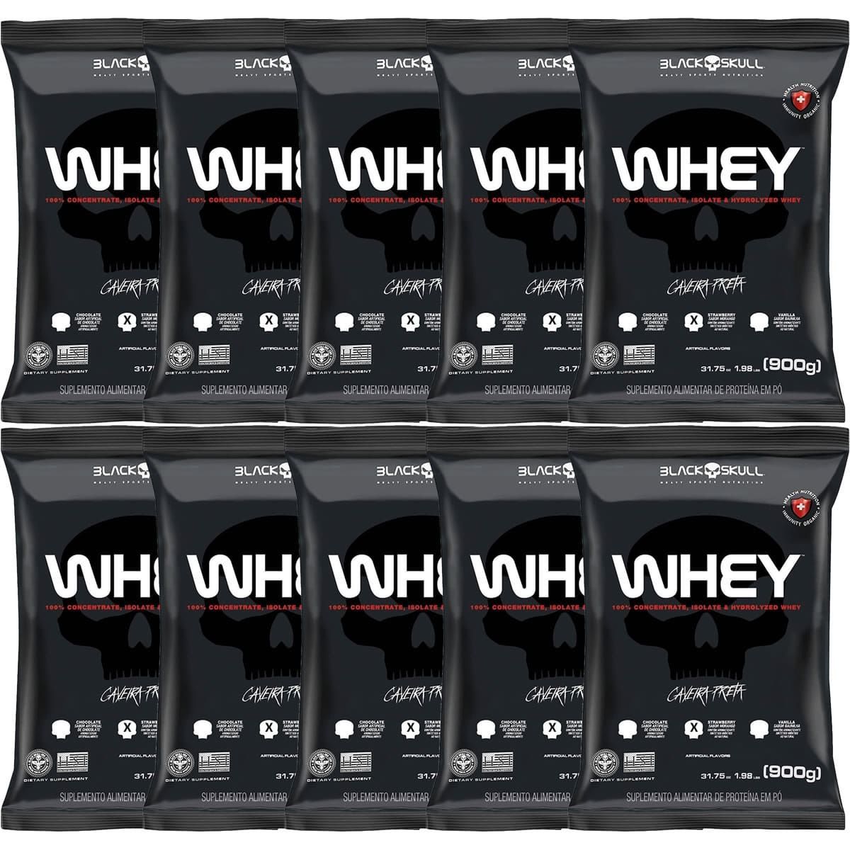 Kit 10X Whey 100% Concentrate - 900g Refil Morango  - Black Skull
