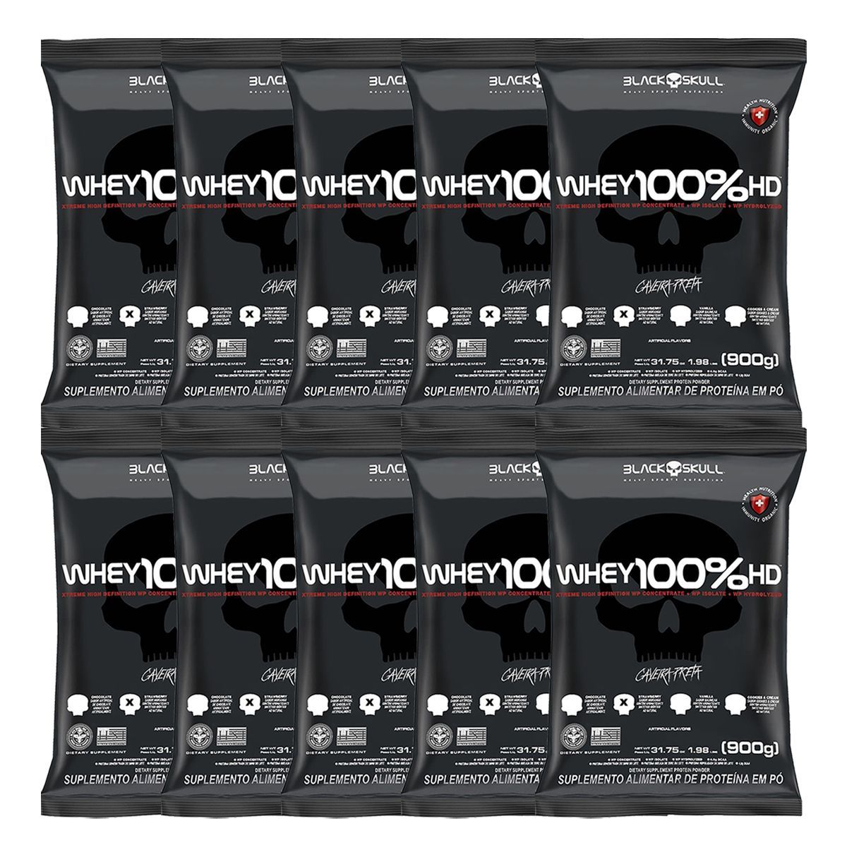 Kit 10X Whey 100% HD - 900g Refil Morango - Black Skull