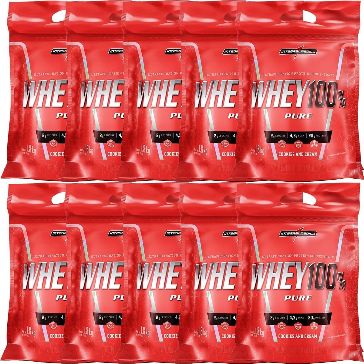 Kit 10X Whey 100% Pure - 1800g Refil Cookies and Cream - IntegralM�dica