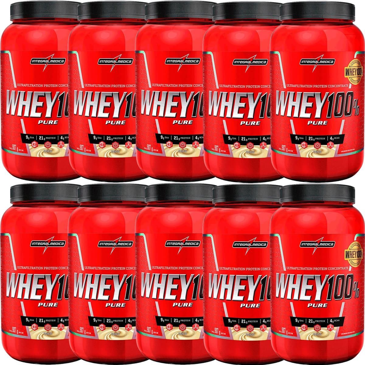 Kit 10X Whey 100% Pure - 907g Coco - IntegralM�dica