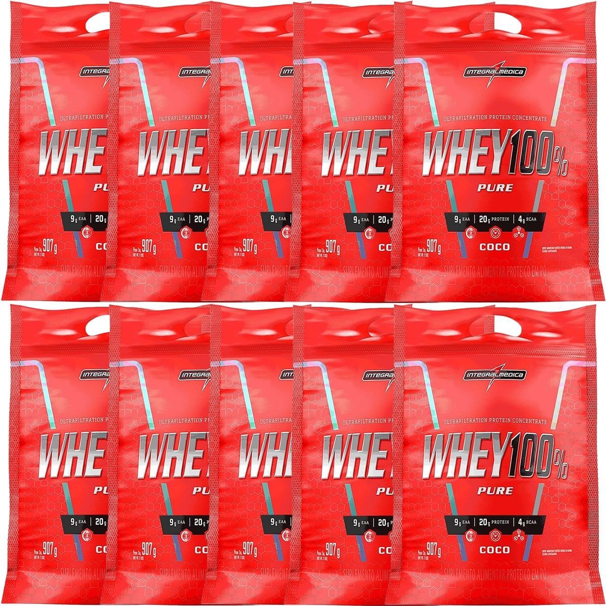 Kit 10X Whey 100% Pure - 907g Refil Coco - IntegralM�dica