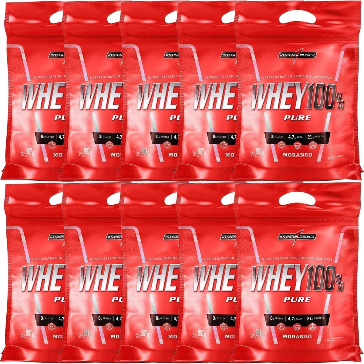 Kit 10X Whey 100% Pure - 907g Refil Morango - IntegralM�dica