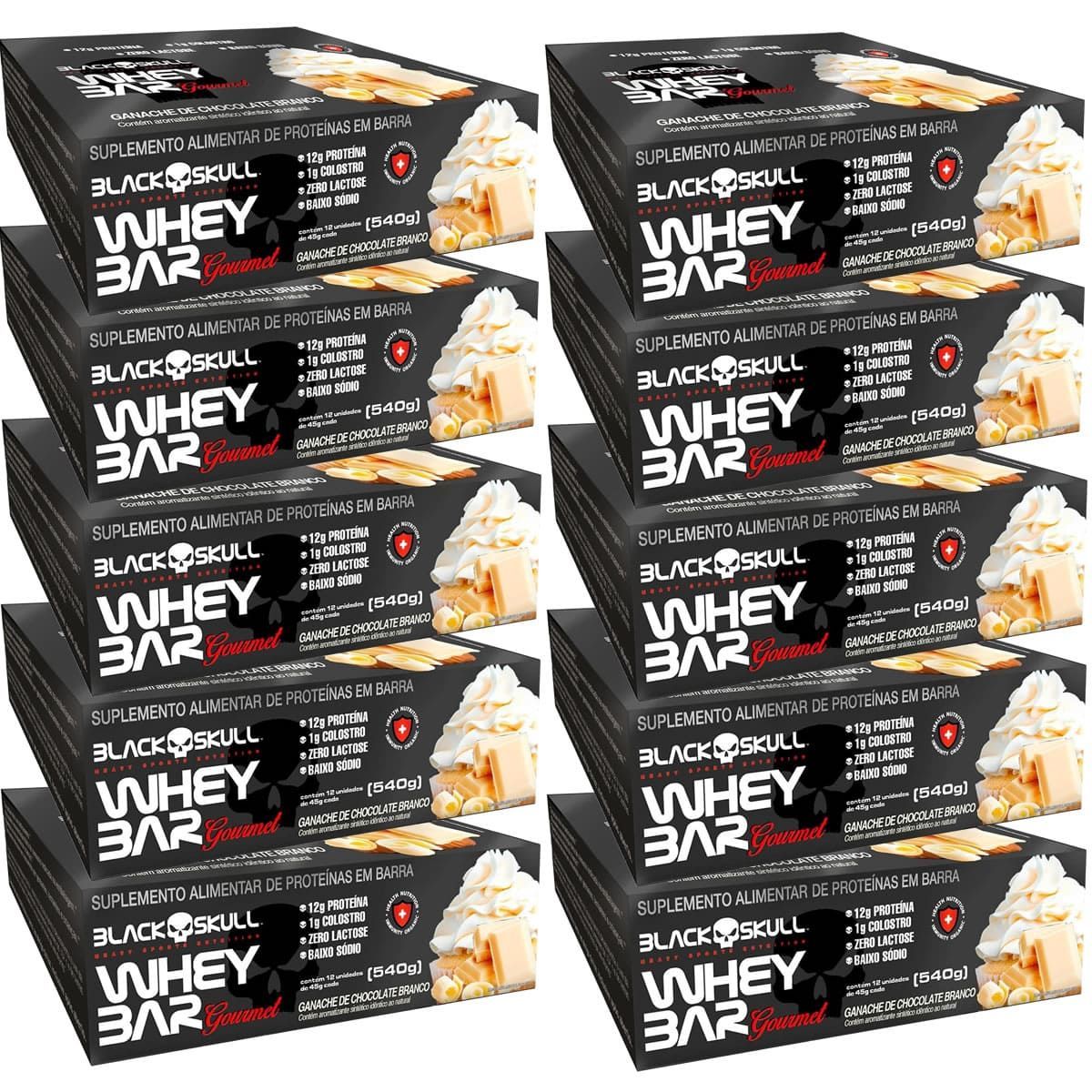 Kit 10X Whey Bar Gourmet - 12 Unidades 45g Chocolate Branco - Black Skull