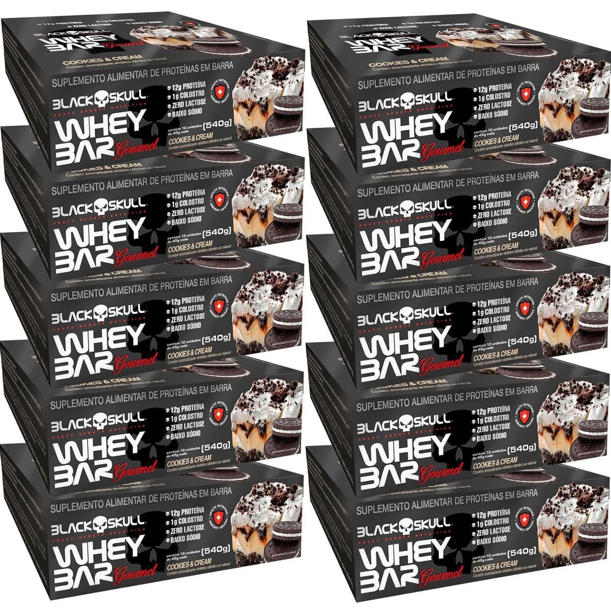 Kit 10X Whey Bar Gourmet - 12 Unidades 45g Cookies and Cream - Black Skull