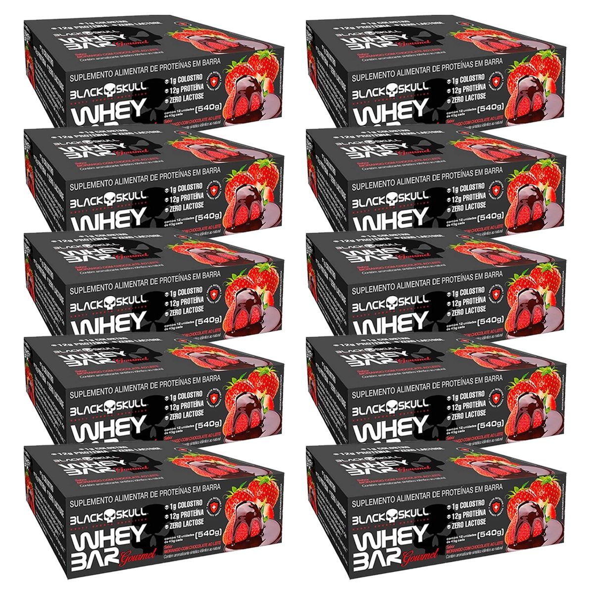 Kit 10X Whey Bar Gourmet - 12 Unidades 45g Morango com Chocolate - Black Skull