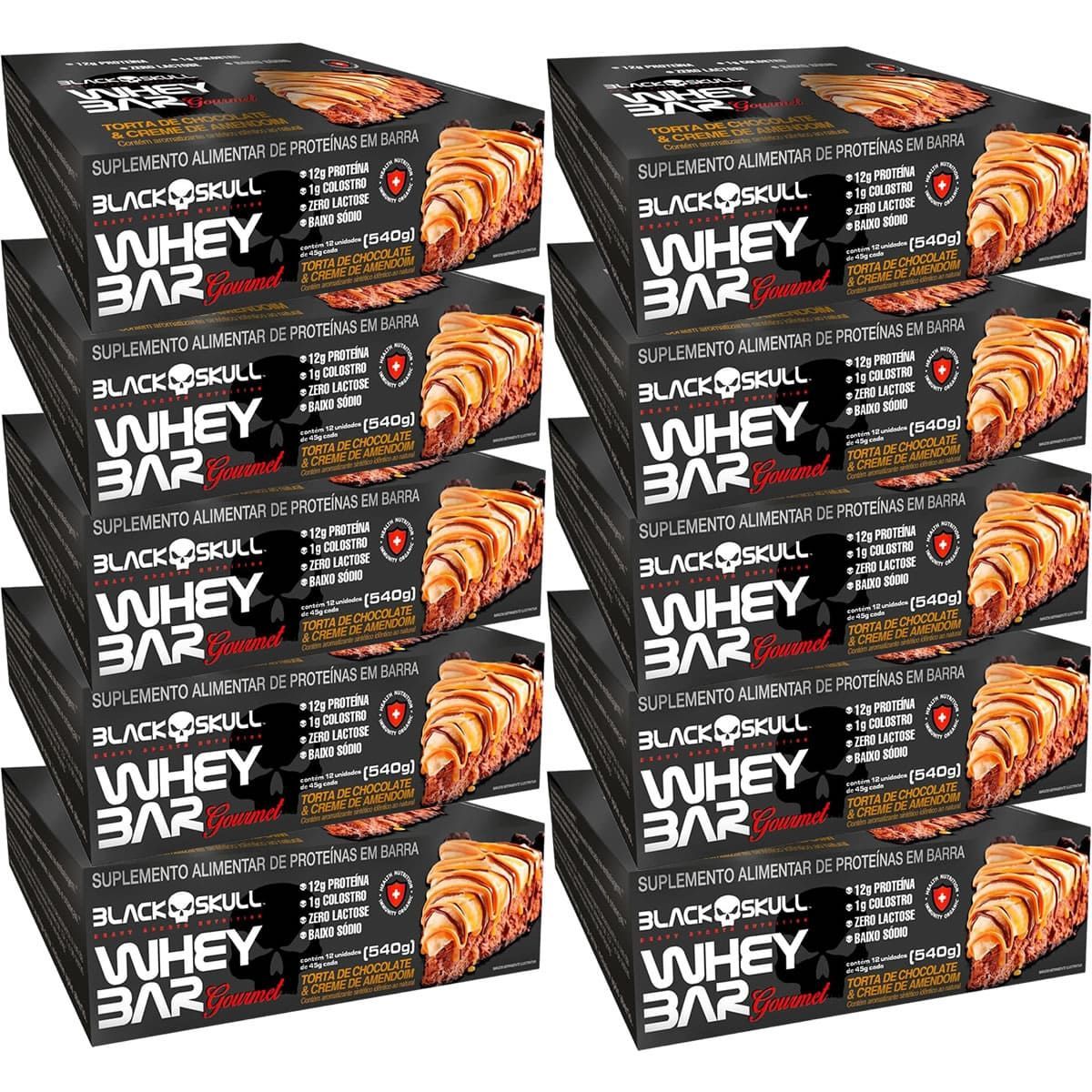 Kit 10X Whey Bar Gourmet - 12 Unidades 45g Torta de Chocolate e Creme de Amendoim - Black Skull