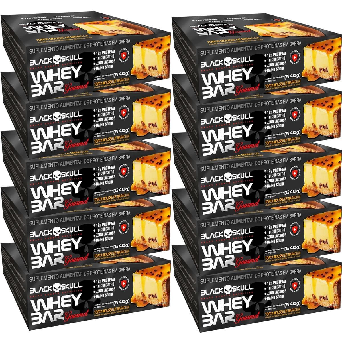 Kit 10X Whey Bar Gourmet - 12 Unidades 45g Torta Mousse de Maracuj� - Black Skull