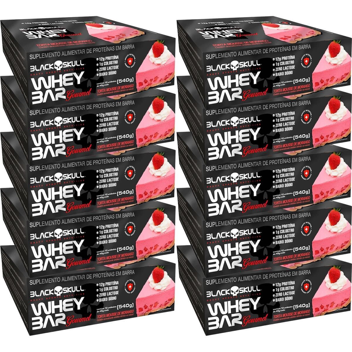 Kit 10X Whey Bar Gourmet - 12 Unidades 45g Torta Mousse de Morango - Black Skull