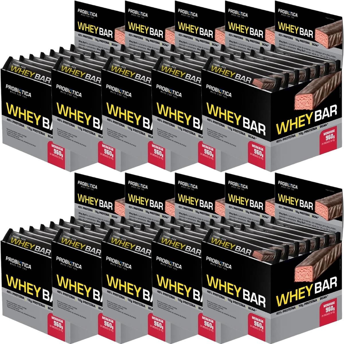Kit 10X Whey Bar High Protein - 24 Unidades 40g Morango - Probi�tica