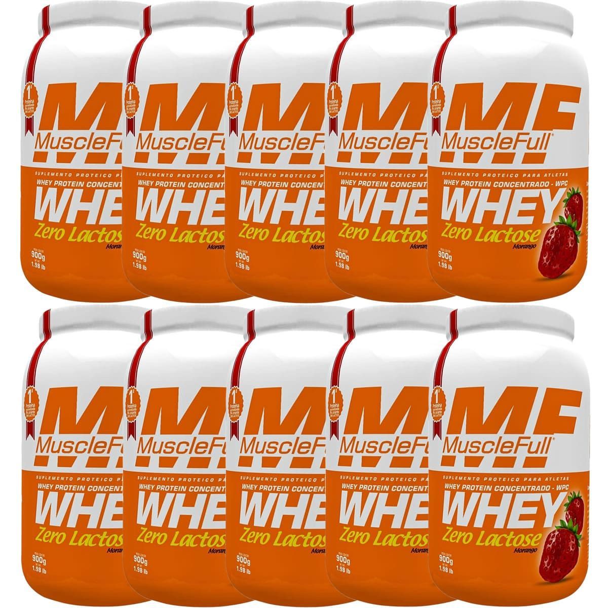 Kit 10X Whey Concentrado Zero Lactose - 900g Morango - MuscleFull