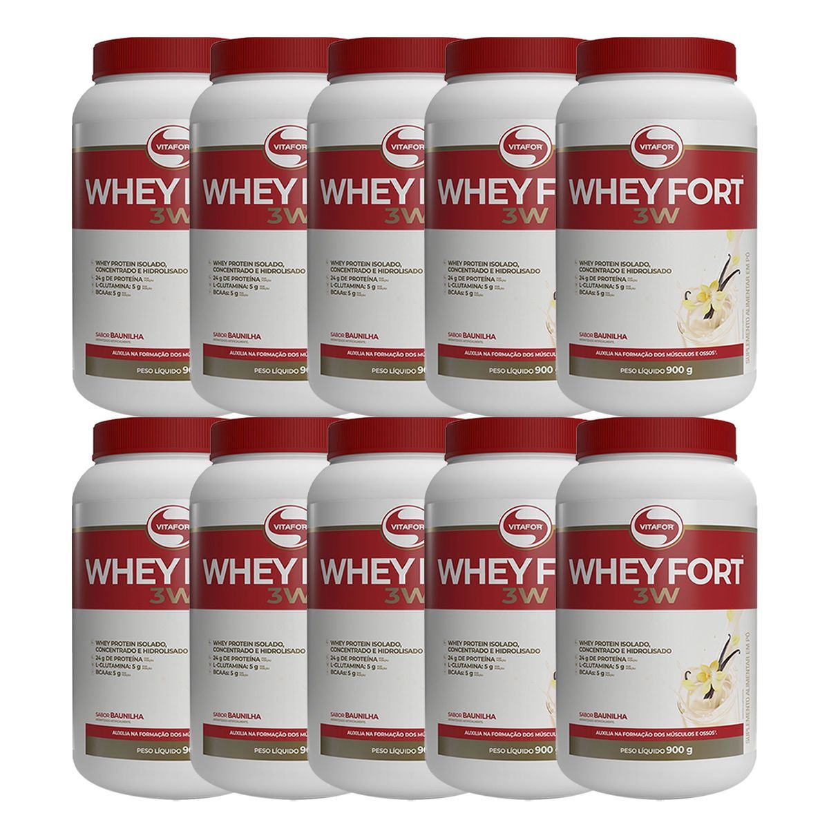 Kit 10X Whey Fort 3W - 900g Baunilha - Vitafor