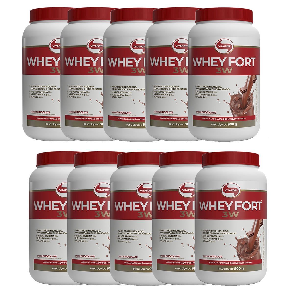 Kit 10X Whey Fort 3W - 900g Chocolate - Vitafor