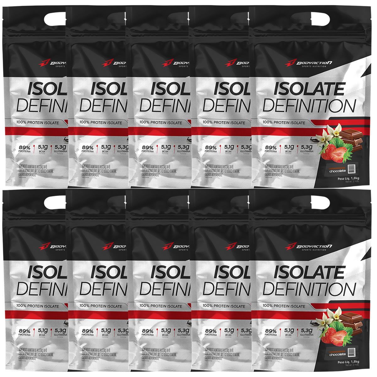 Kit 10X Whey Isolate Definition - 1800g Refil Chocolate - BodyAction