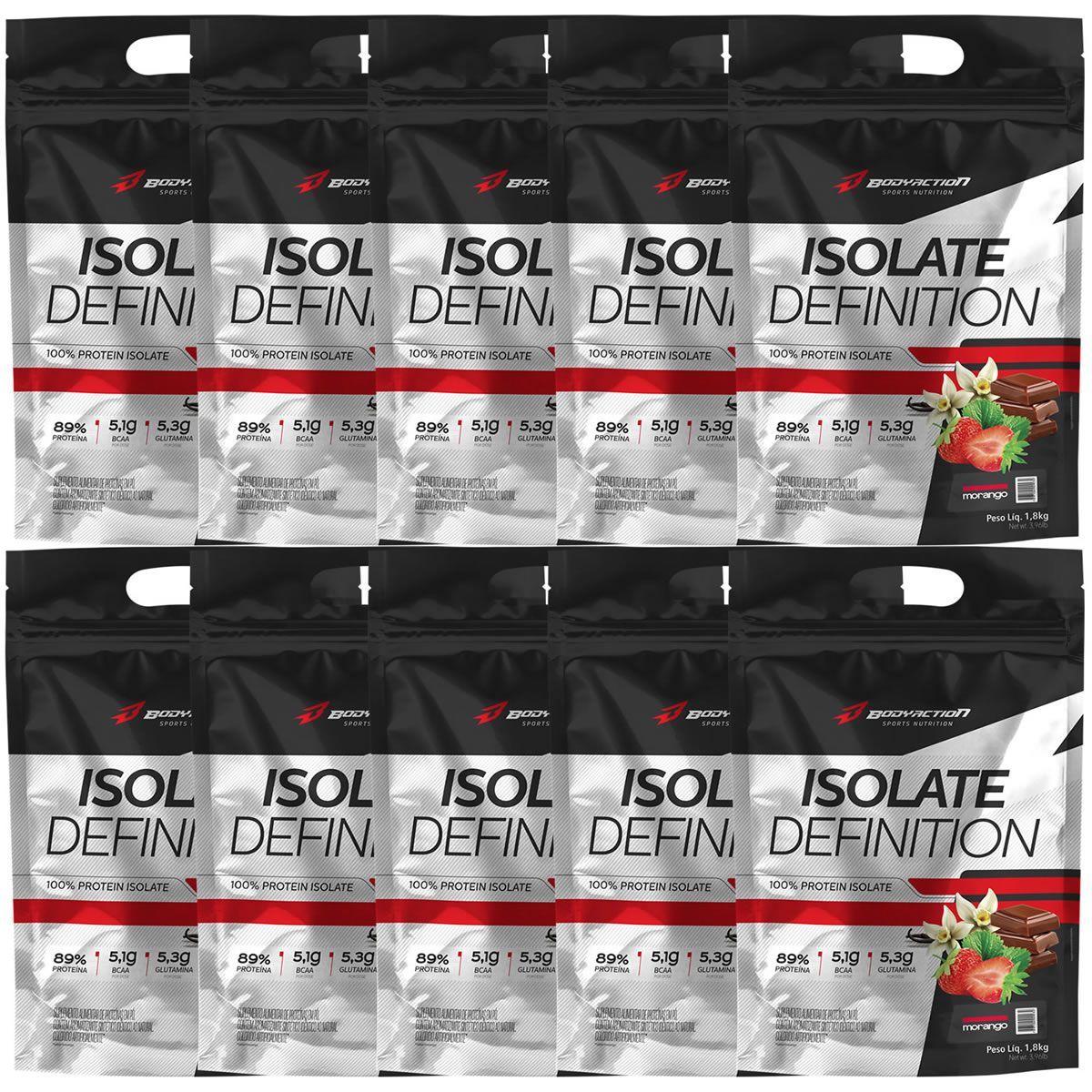 Kit 10X Whey Isolate Definition - 1800g Refil Morango - BodyAction