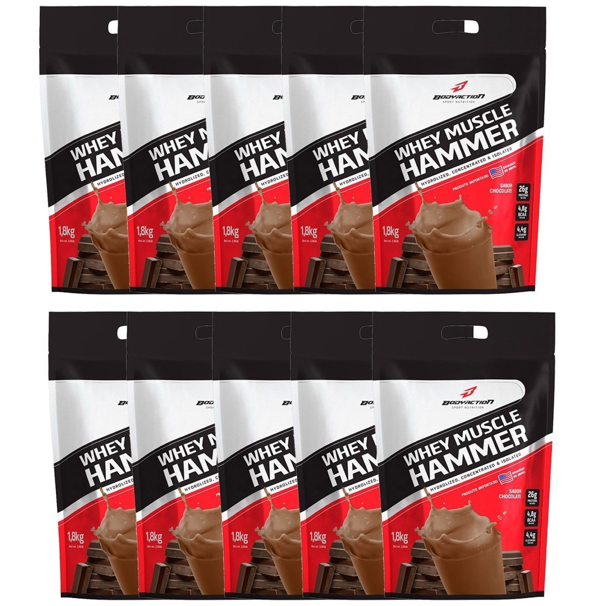 Kit 10X Whey Muscle Hammer - 1800g Chocolate - BodyAction