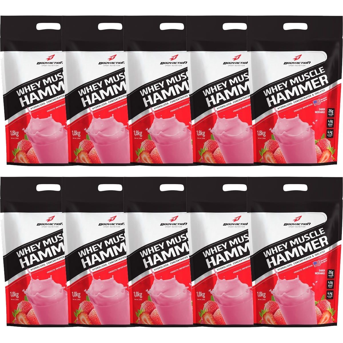 Kit 10X Whey Muscle Hammer - 1800g Morango - BodyAction