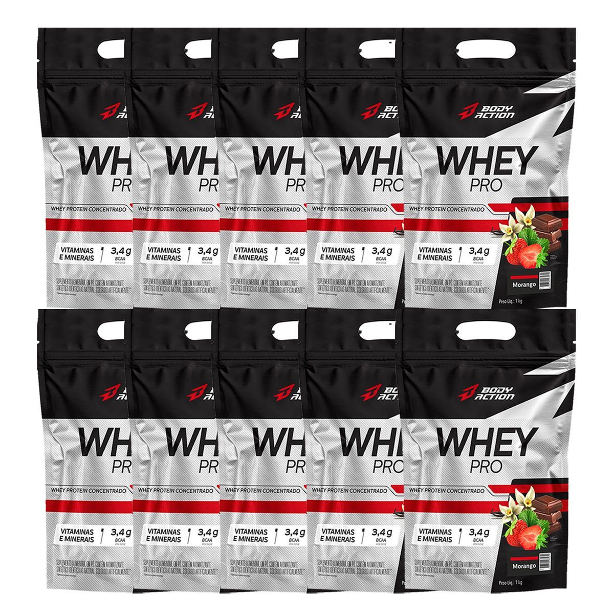 Kit 10X Whey Pro - 1000g Refil Morango - BodyAction