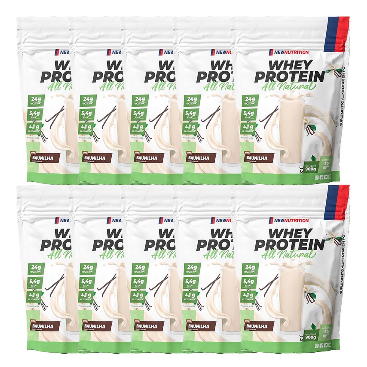 Kit 10X Whey Protein All Natural - 900g Refil Baunilha - NewNutrition