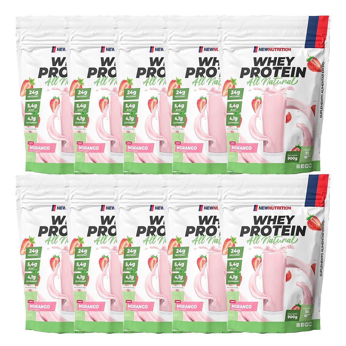 Kit 10X Whey Protein All Natural - 900g Refil Morango - NewNutrition